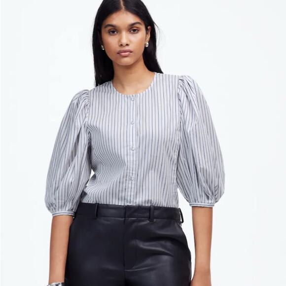 Madewell Wm’s Puff-Sleeve Button-Up Top in Blu/Wht Stripe size 10 # 632 - Picture 1 of 8